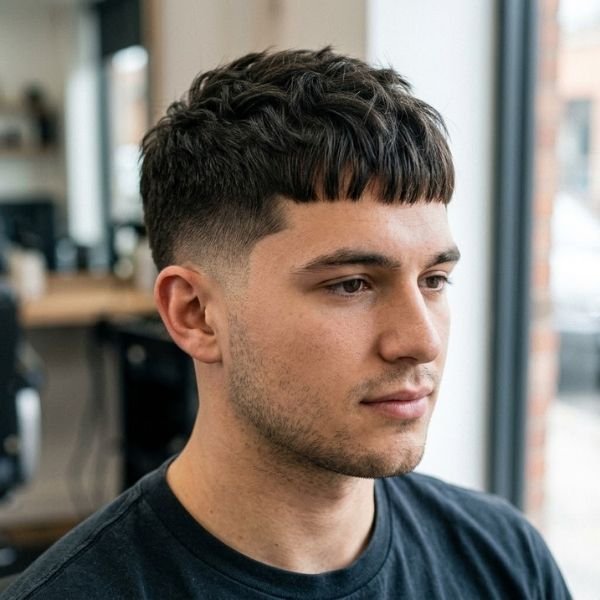 1. Short bangs with mid-taper fade