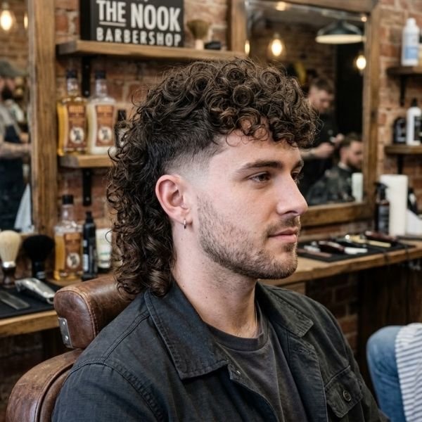 12. Curly Mullet with Mid Taper Fade