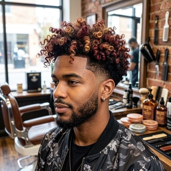 13. Dyed Curls with Mid Taper Fade
