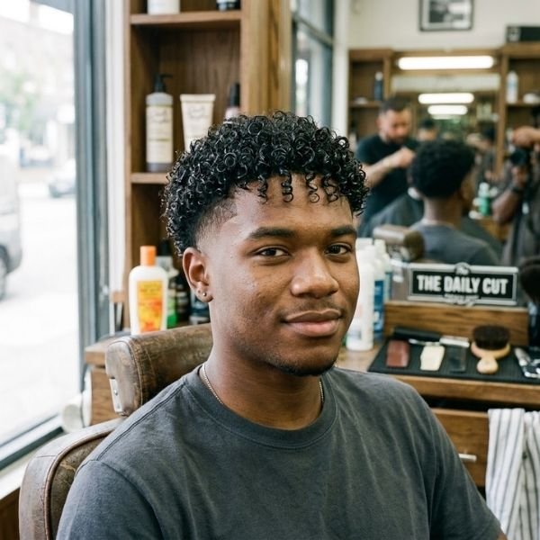 16. Wet Curls with Mid Taper Fade