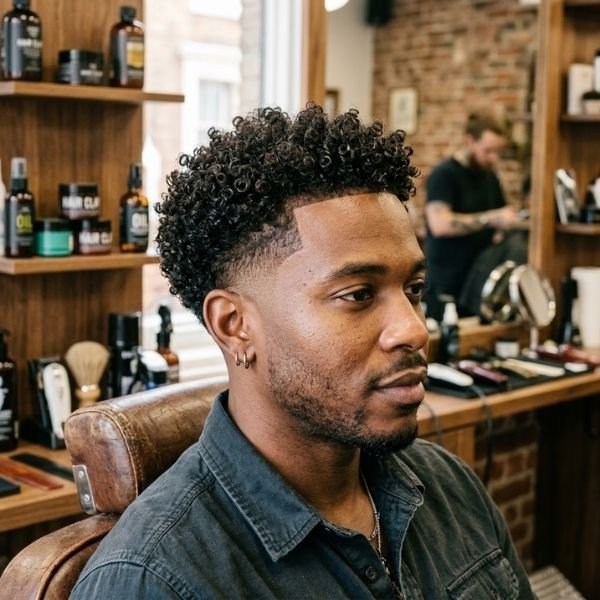 17. Natural Curls with Mid Taper Fade