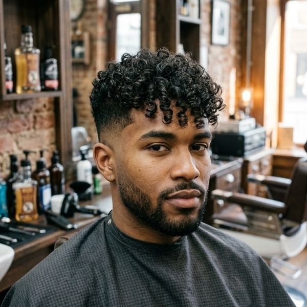 2. Curly Fringe with Mid Taper Fade