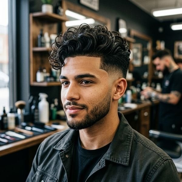 3. Curly Quiff with Mid Taper Fade