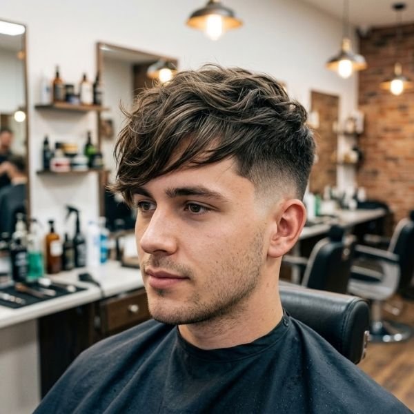 3. Side-swept bangs with a mid-taper fade