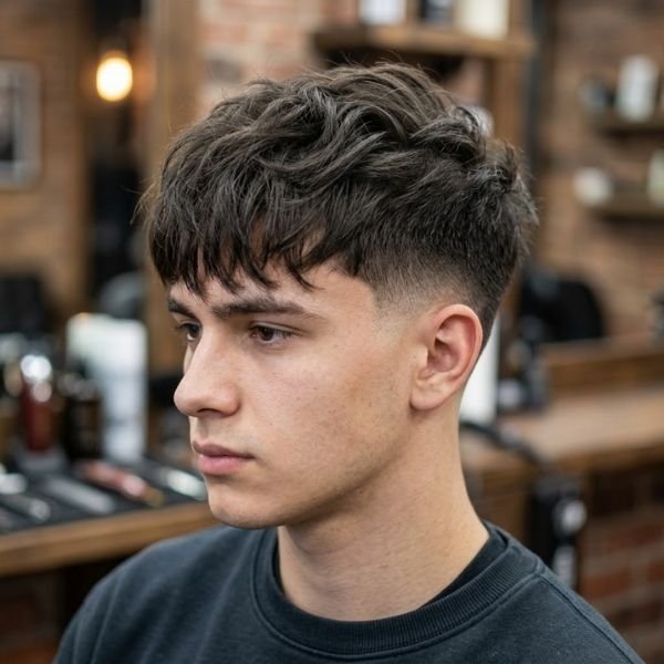 5. Bangs with Mid Taper Fade and Blowout Effect