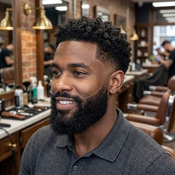 7. Curly Beard Connect with Mid Taper Fade