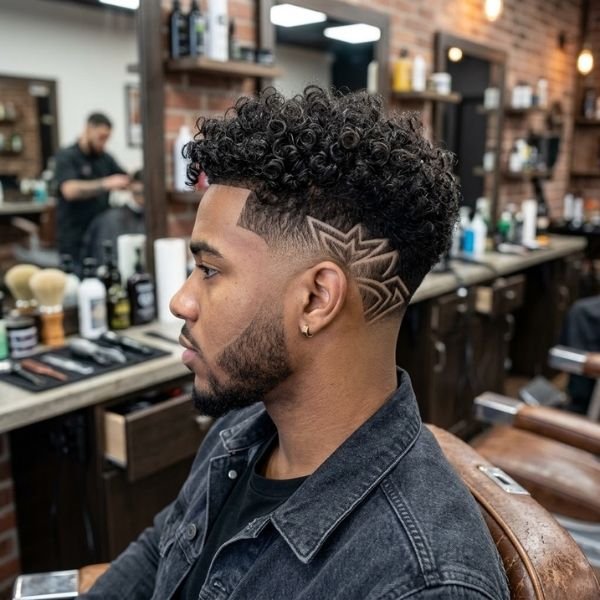 9. Curly Mid Taper Fade with Design